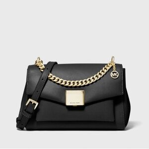 Michael Kors Lita Black Leather Medium Shoulder Crossbody Bag Satchel Handbag